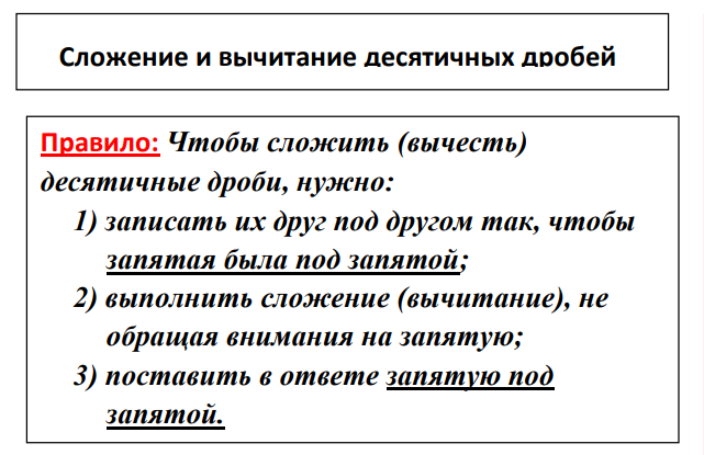 При сложении десятичных дробей запятая под запятой. При сложении десятичных дробей запятая под запятой